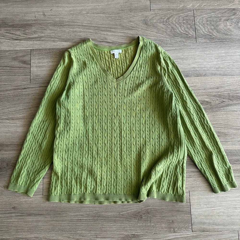 Green V-Neck Cable Knit Sweater